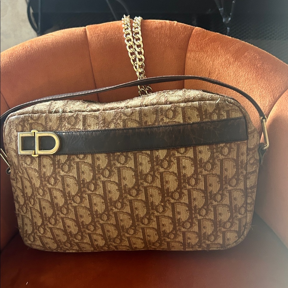 Dior Brown Monogram Shoulder Bag with Gold-Tone CD Accent